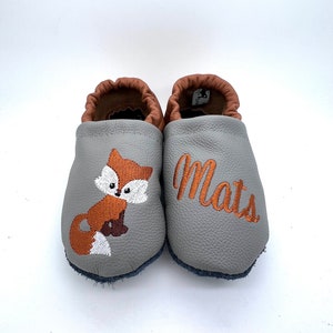 Crawling shoes leather dolls Crawling shoes gray / brown with fox and name, personalized