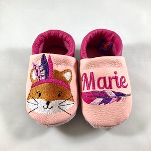 Baby shoes leather slippers Baby slippers pink / pink with Indian fox and name, personalised, embroidered