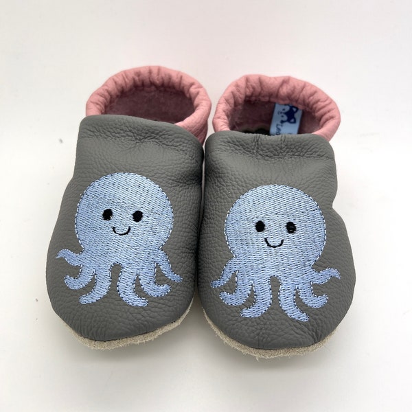 Krabbelschuhe Lederpuschen Krabbelpuschen grau / rosa mit Oktopus, Tintenfisch, Wassertier, Meerestier