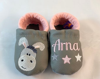 Crawling shoes, leather dolls, crawling, grey / pink with donkey and name with stars, personalized