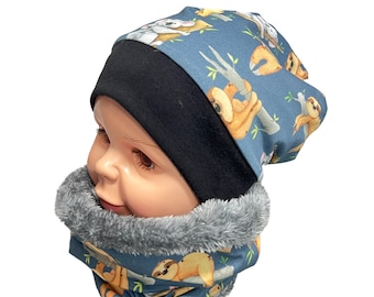 Winter beanie hat and loop scarf for children with sloths and koala bears, blue, grey, brown, lined, set