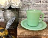 Vintage Jadeite Fire King Coffee Mug and Saucer Green Jadeite Teacup Plate