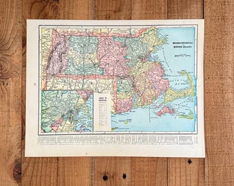 Mapa del Atlas de Massachusetts y Rhode Island de 1902. Impresión artística antigua para pared.