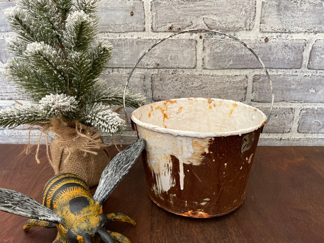 Small Paint Bucket With Handle Splattered White Paint With Rusty Patina