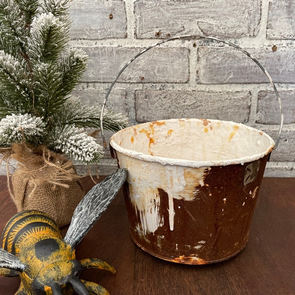 Small Paint Bucket with Handle! Splattered White Paint with Rusty Patina! Farmhouse Decor! Rustic Porch Planter!