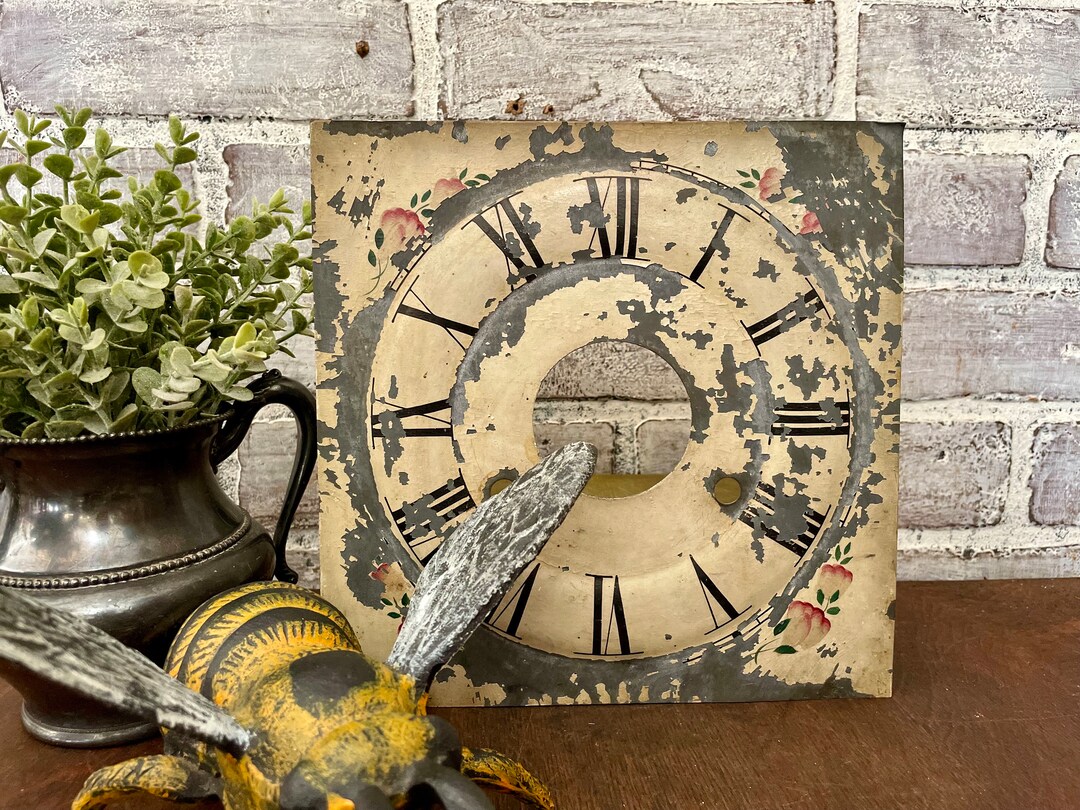 Antique Painted Clock Face Roman Numerals Floral Design Metal