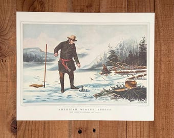 Currier & Ives Winter Sports Americana Art 1850s Ice Fishing