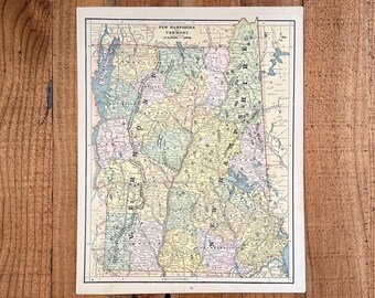Mapa de los estados de Nueva Inglaterra de 1887: Impresión de atlas antiguo