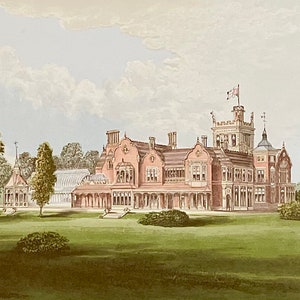 May include: A vintage illustration of a large, red brick mansion with a tall tower and a flag flying from the top. The mansion has a long, covered porch and is surrounded by a lush green lawn and trees.