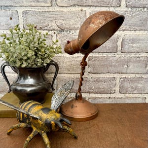 May include: A copper desk lamp with a twisted stem and domed shade, alongside a decorative metal bee sculpture. The bee is painted yellow and black. A small silver vase with greenery is also visible in the image.