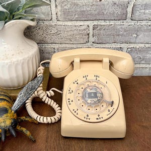 May include: Cream-colored vintage rotary dial telephone. The phone has a handset, a dial with numbers and letters, and a coiled cord. The phone is on a wooden surface with a decorative bee and a white vase in the background.