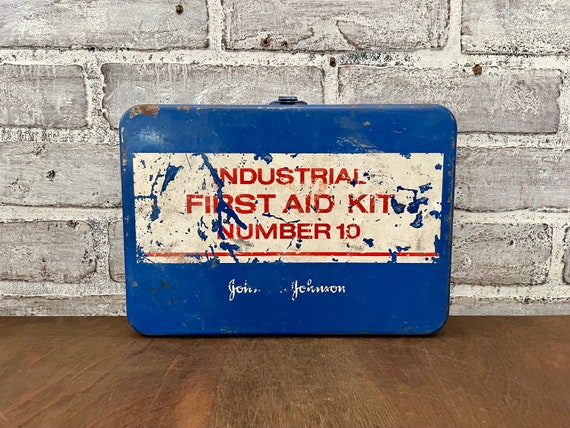Vintage Johnson & Johnson First Aid Kit Box: Blue Industrial Decor