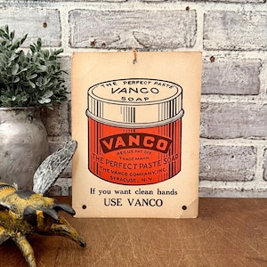 Affiche publicitaire de magasin de savon en pâte Vanco ! Enseigne de vente au détail antique ! Publicité en carton ! Souvenirs du magasin général !