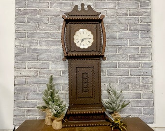 Tall Tramp Art Style Clock! Electric Clock! Wooden Carved Case! Adirondack! Lodge Decor!