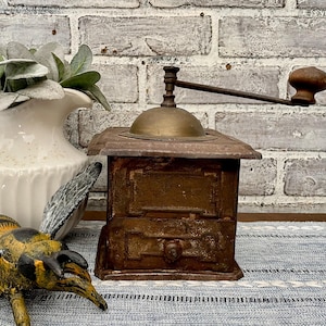 Antique Metal Coffee Grinder: Enamel Interior, Kitchen Decor