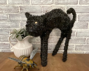 Halloween Black Cat! Tinsel Arched Back Cat! Great Vintage Halloween Decor! Halloween Prop! Black Cat Silhouette!