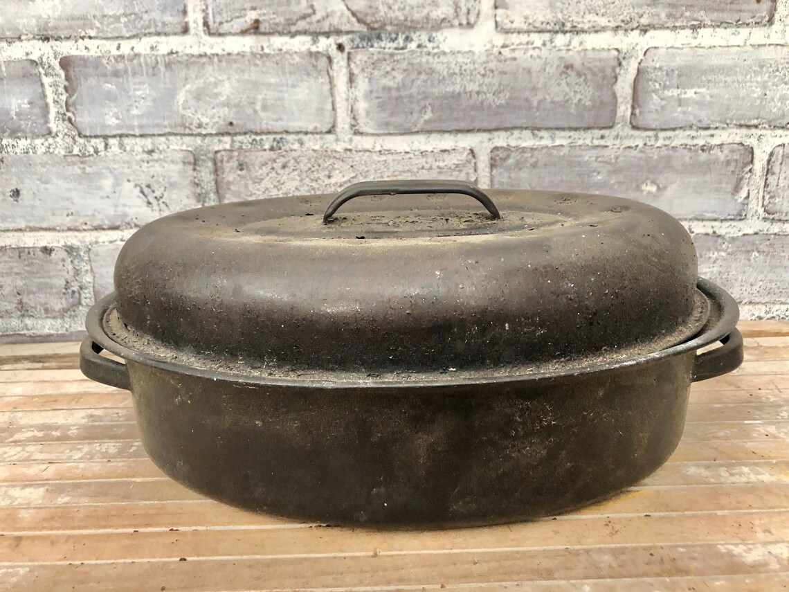 Black Roasting Pan With Lid Speckled Finish Vintage Etsy