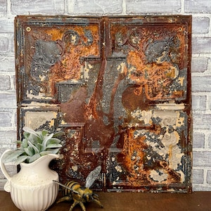 Antique Tin Ceiling Tile! Very Rusty! Architectural Salvage! Neutral Farmhouse Wall Decor!