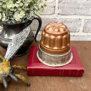 May include: A copper and silver metal mold with a fluted design sits atop a vintage red book. The mold is a classic kitchenware item, likely used for baking. A decorative metal pitcher and a yellow and black bee figurine are also in the image.