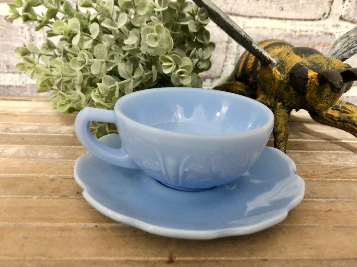 Blue Milk Glass Small Tea Cup and Saucer Vintage Tea Cup Etsy