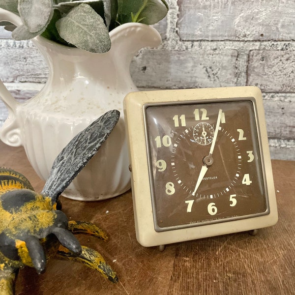 Westclox Wind Up Alarm Clock! Non Working! Display Only! Vintage Clock Collector! Timepiece! Beige Bedside Clock!