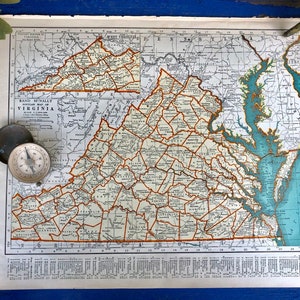 1930's Virginia & Washington Bundesstaat Mappe! Einweihungsgeschenk! Atlas Druck! Antike Landkarte!