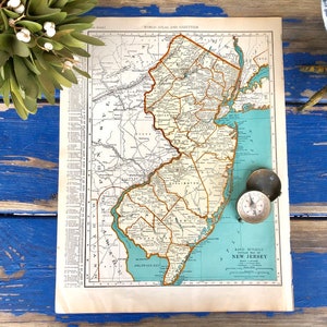 Kaart van New Jersey uit de jaren 1930 en kaart van New Hampshire! Housewarmingcadeau! Atlasprint! Antieke muurkaart! Vintage kaart!
