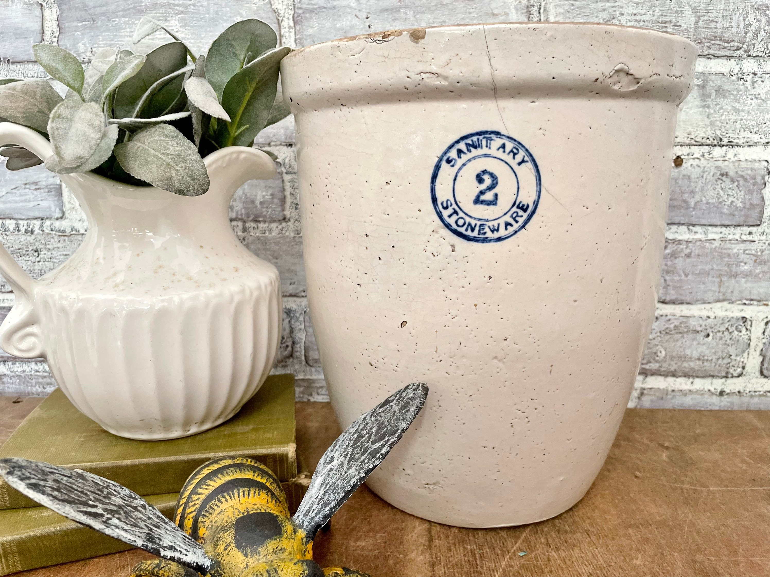 Vintage Stoneware Crock Pot, Glazed Ceramic Planter - Mendez Manor
