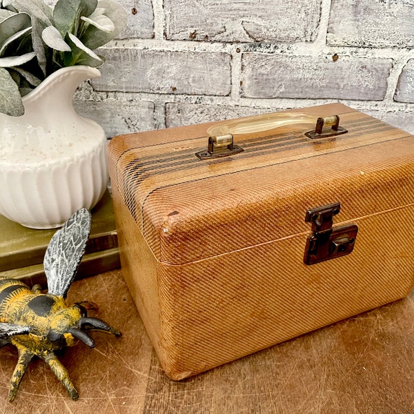 Tweed Striped Train Case! Brass Hardware! Vintage Luggage! Make Up Case!