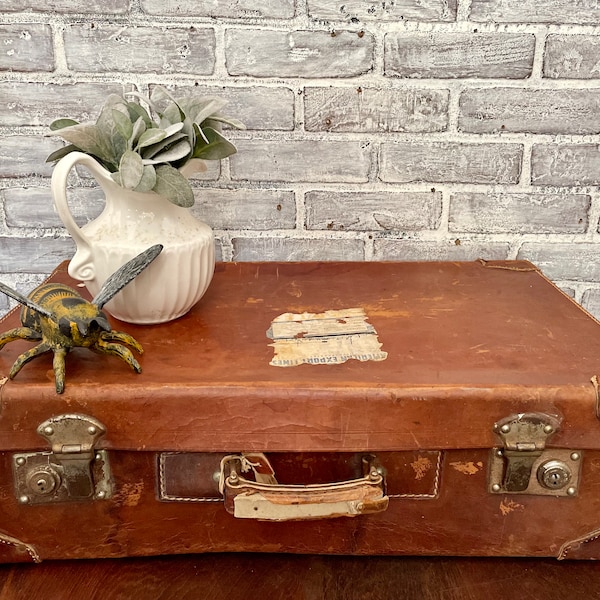 Antique Leather Suitcase! Destination Decals! Travel Bag! Display Decor Luggage!