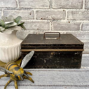Black Safe & Lock Metal Lockbox! Antique Cash Box! Antique Office Decor!