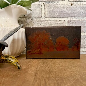 May include: A rectangular, dark brown metal box with a rusty, orange-toned abstract design. The box is set on a wooden surface, with a white vase and a decorative object in the background. The box has a vintage, antique aesthetic.