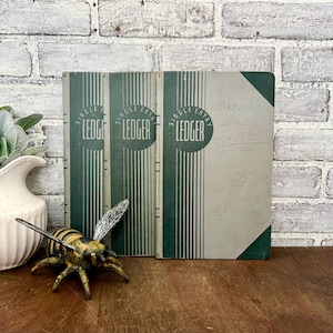 Three Accounting Ledgers! Green and Gray Cloth Covers! Accounting Office Book!