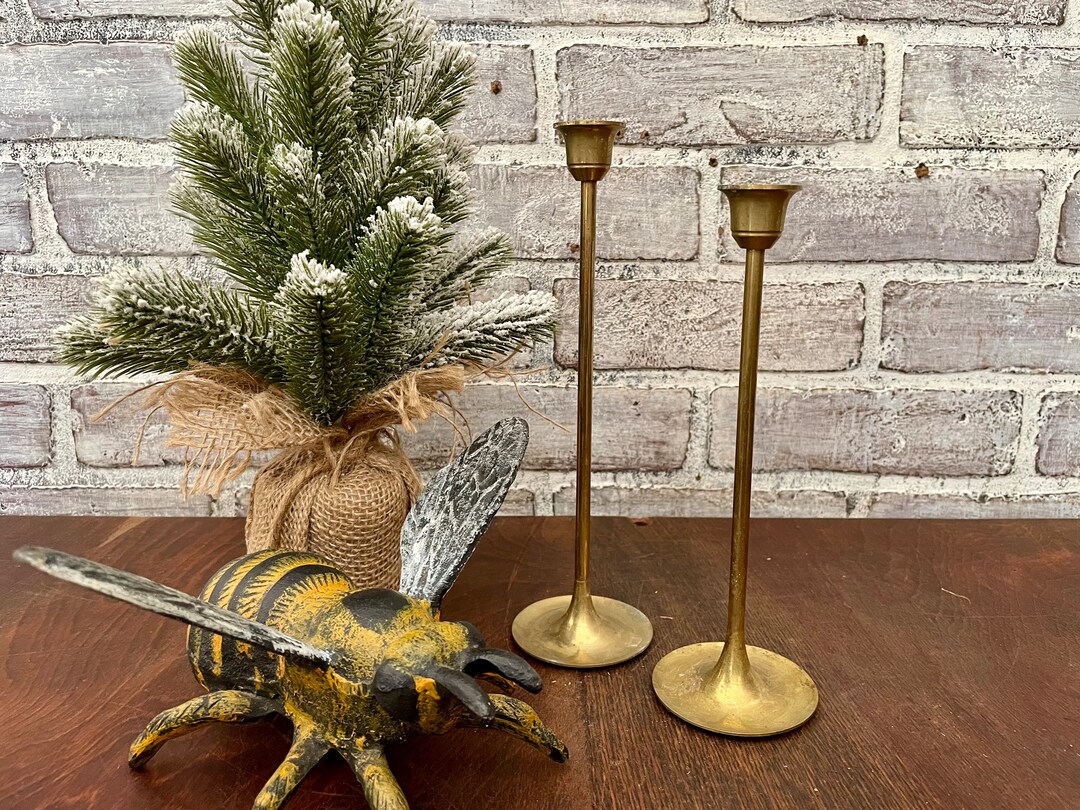 Pair of Skinny Brass Candlesticks Lightweight Warm Patina Etsy