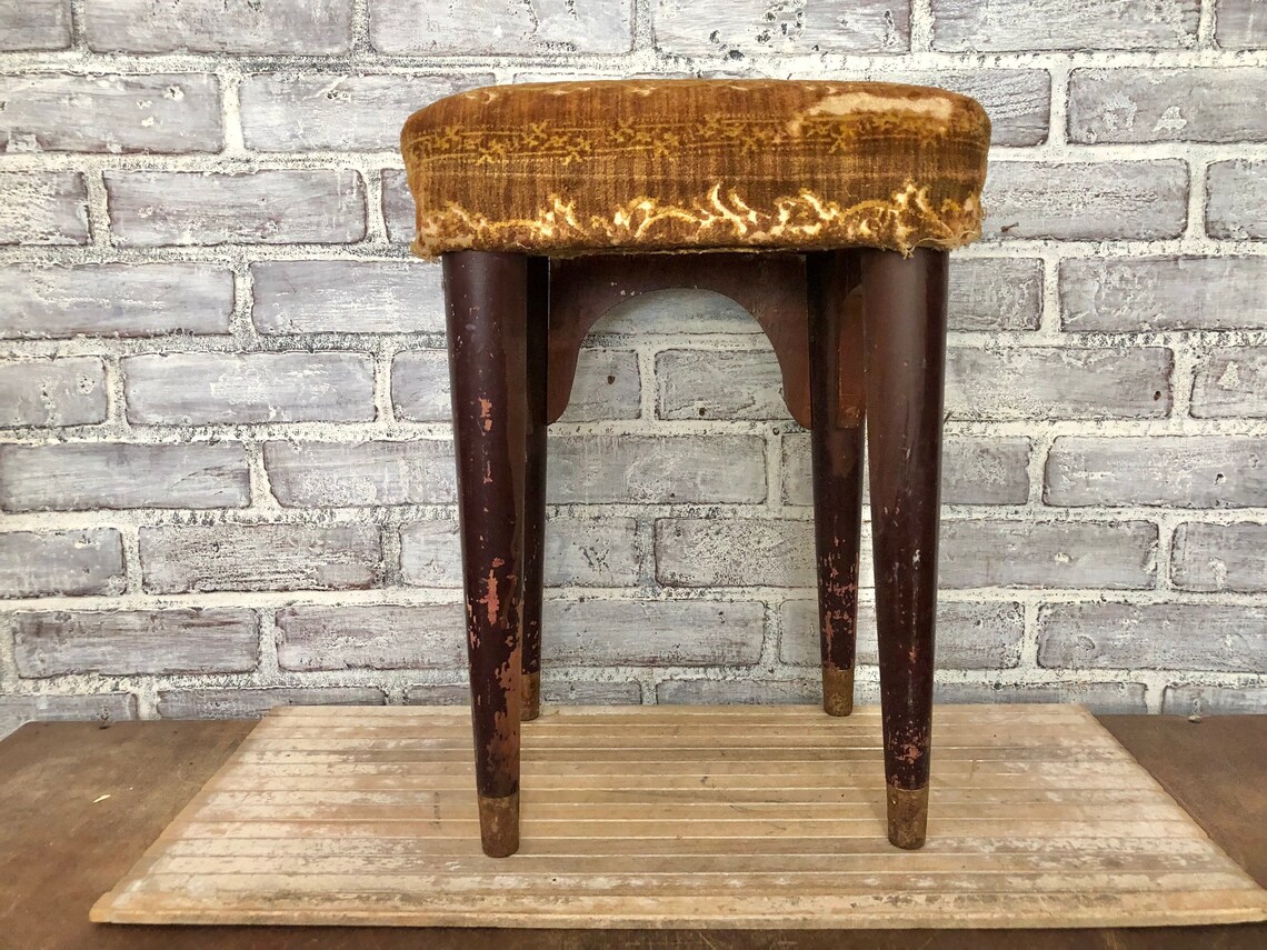 Gold Velvet Covered Footstool Antique Wood Stool Fall Etsy