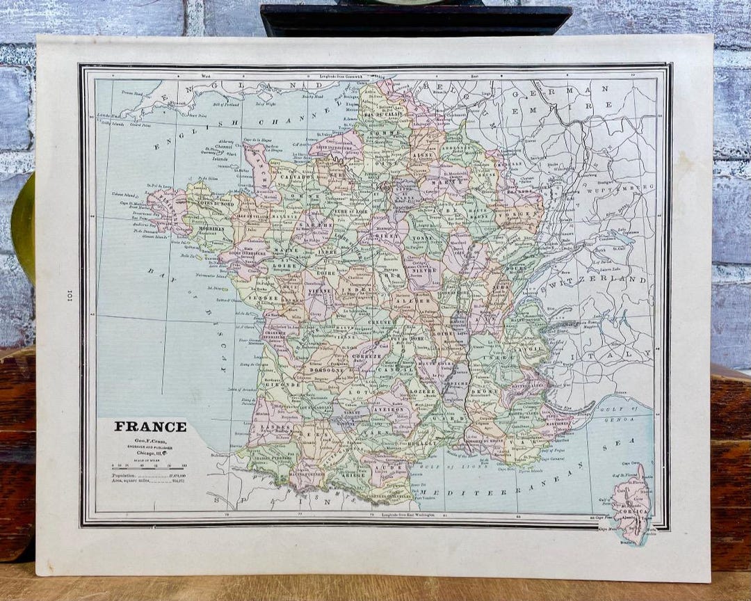 フランスアンティーク　MAP 1887 France and Switzerland Map: Pastel Atlas Print - Etsy