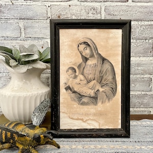 French Madonna & Baby Jesus! Protective Virgin! Framed Print! Antique Engraved Religious Art!