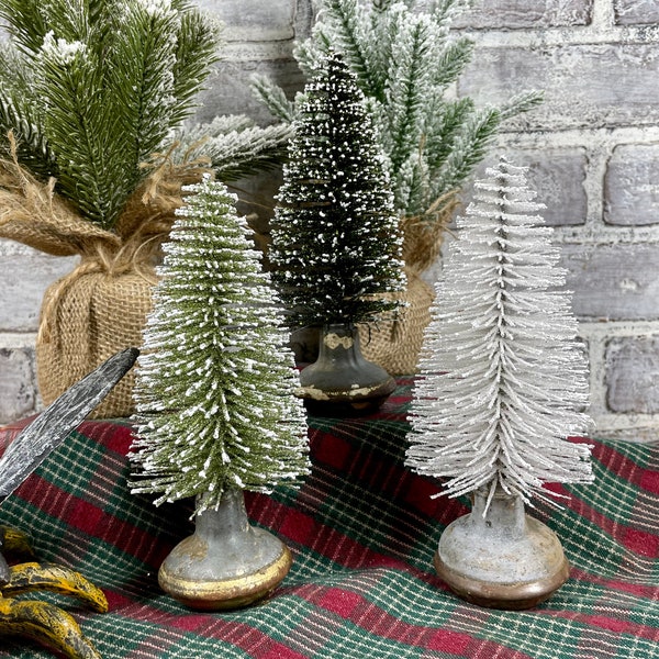 Metal 2 Tone Doorknob with Flocked Bottle Brush Christmas Tree! White, Light Green or Dark Green! Vintage Christmas Decor!