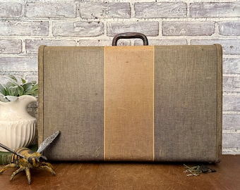 Vintage Mendel Tweed Suitcase with Key, 1940s Striped Travel Luggage.