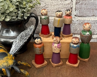 Vintage Hand Painted Peg Dolls: Colorful Wooden Little People, Set of 7