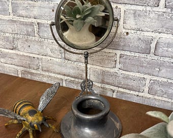 Antique Monogrammed Vanity Mirror Stand | Victorian Shaving Mirror | Metal Dressing Table Piece
