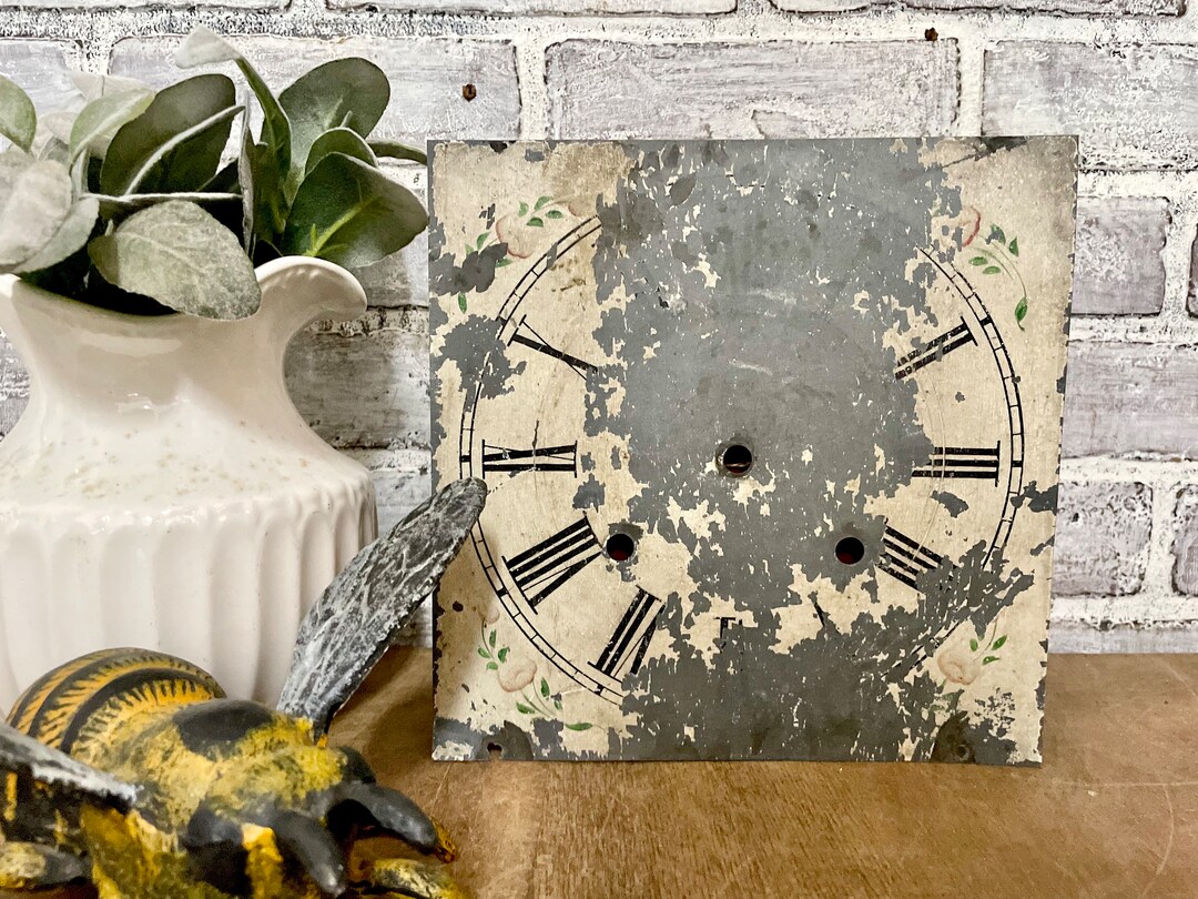 Antique Painted Clock Face Roman Numerals Floral Design Metal