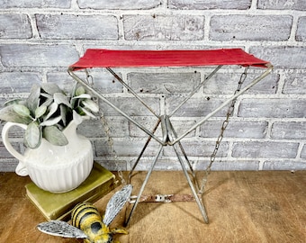 Folding Camp Stool! Collapsible Red Canvas Metal Stool! Vintage Camping Seating!