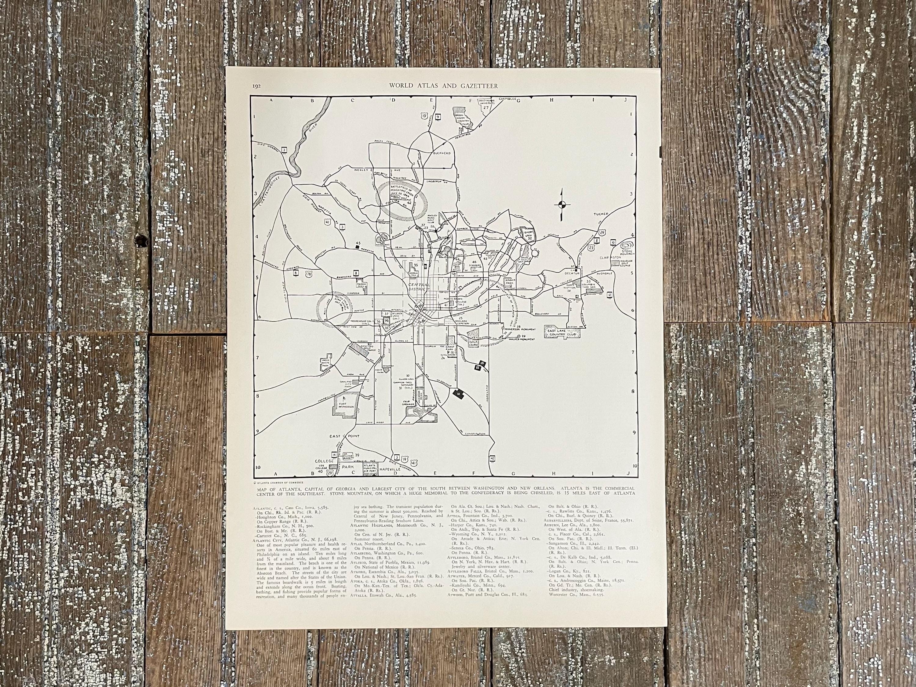 1930年代のアトランタ市地図：アンティークの白黒地図帳プリント