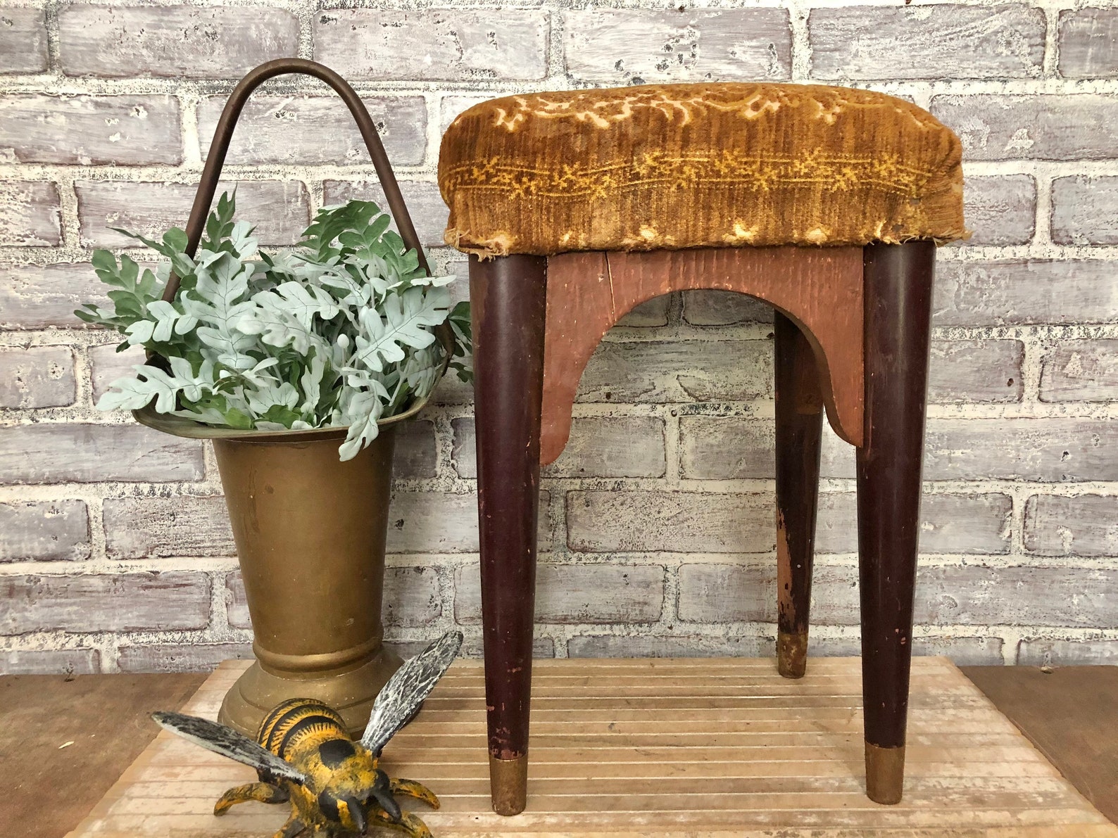 Gold Velvet Covered Footstool Antique Wood Stool Fall Etsy