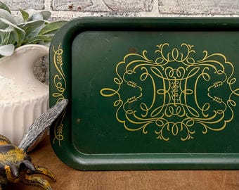 Vintage Green Metal Tray | Gold Scroll Design | Farmhouse Serving Tray