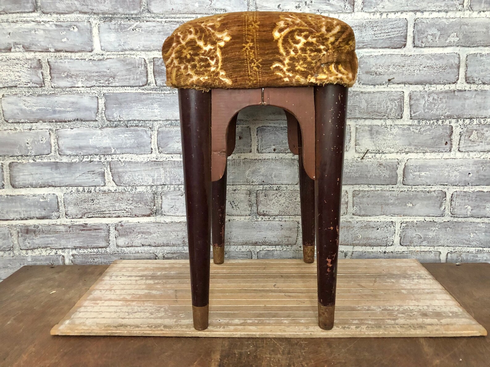 Gold Velvet Covered Footstool Antique Wood Stool Fall Etsy