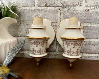 Pair of Ceramic Gold & White Ceramic Sconces! Vintage Porcelain Hollywood Regency Style! Salvaged Restoration Lighting!