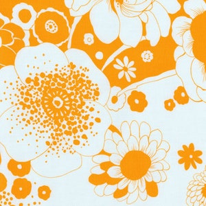 May include: A repeating pattern of large, stylized flowers in white and orange. The design features various floral shapes, including daisies and larger blooms with dotted centres, set against a white background. The overall aesthetic is reminiscent of vintage textile designs.