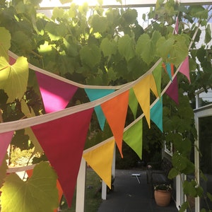 May include: A colourful bunting with triangular flags in shades of pink, red, orange, yellow, green, blue and purple. The bunting is strung between two white posts and hangs over a lush green vine.
